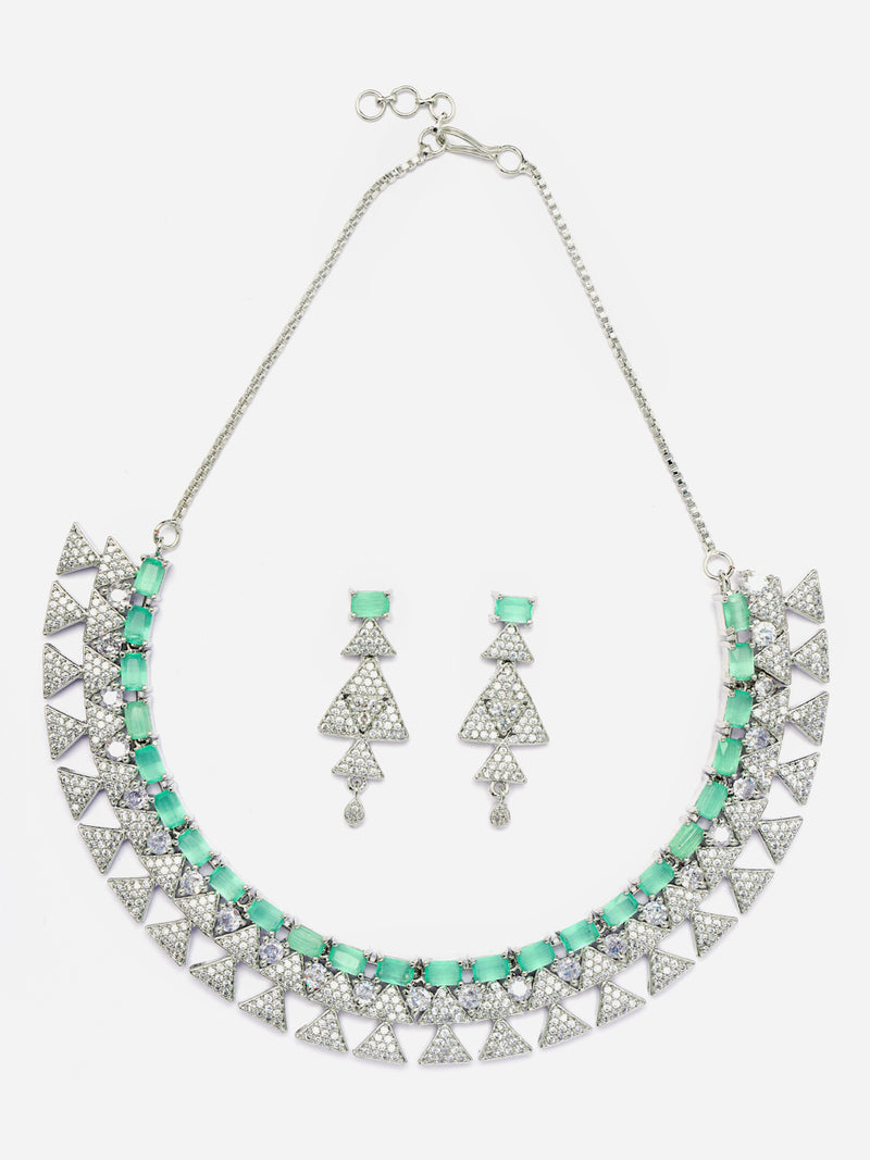 Rhodium-Plated Sea Green American Diamond Studded Triangular Design Necklace & Earrings Jewellery Set