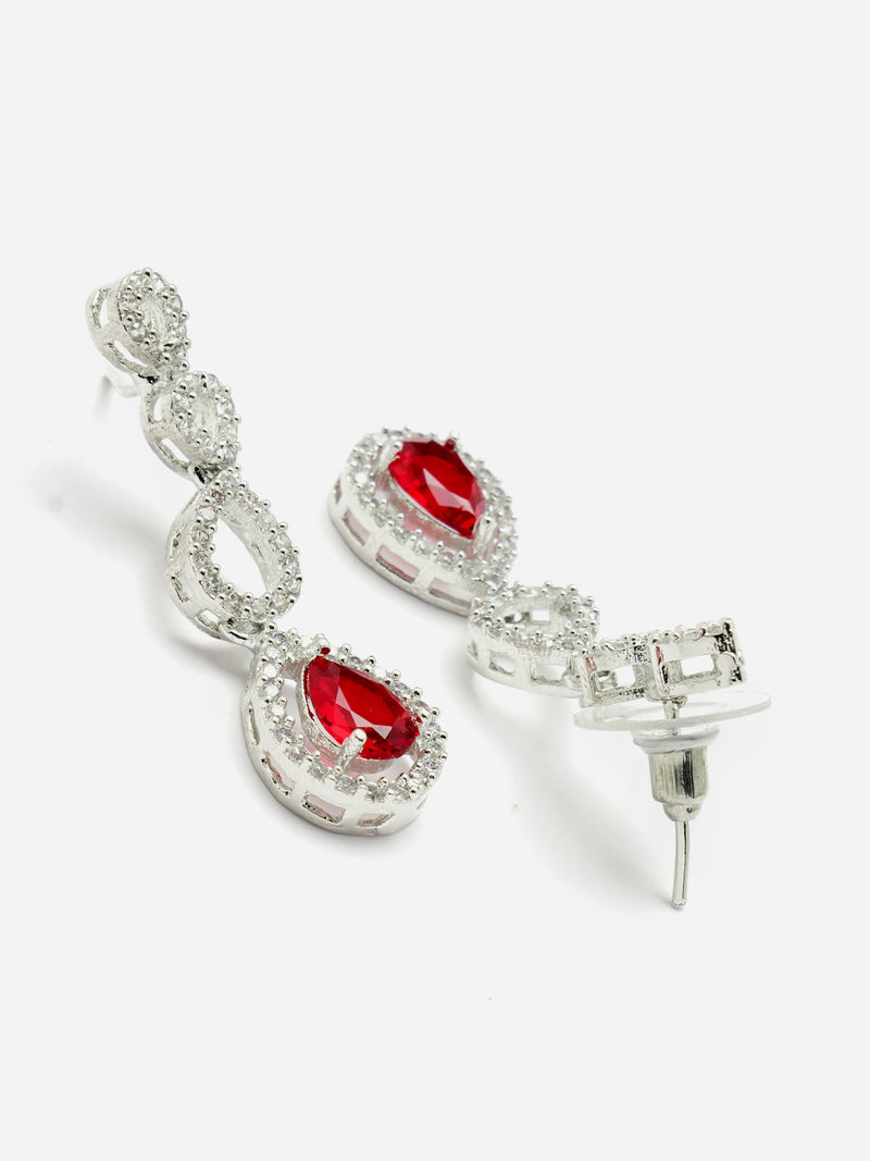Rhodium-Plated Red American Diamonds Studded Spheroid Necklace & Earrings Jewellery Set