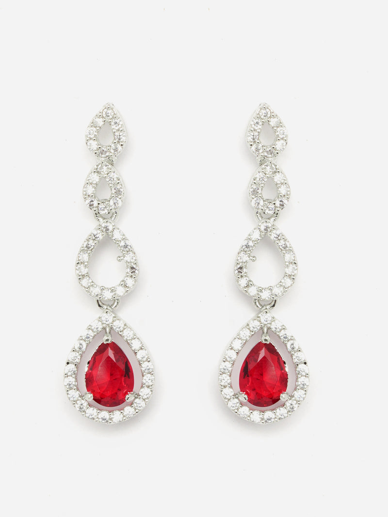 Rhodium-Plated Red American Diamonds Studded Spheroid Necklace & Earrings Jewellery Set