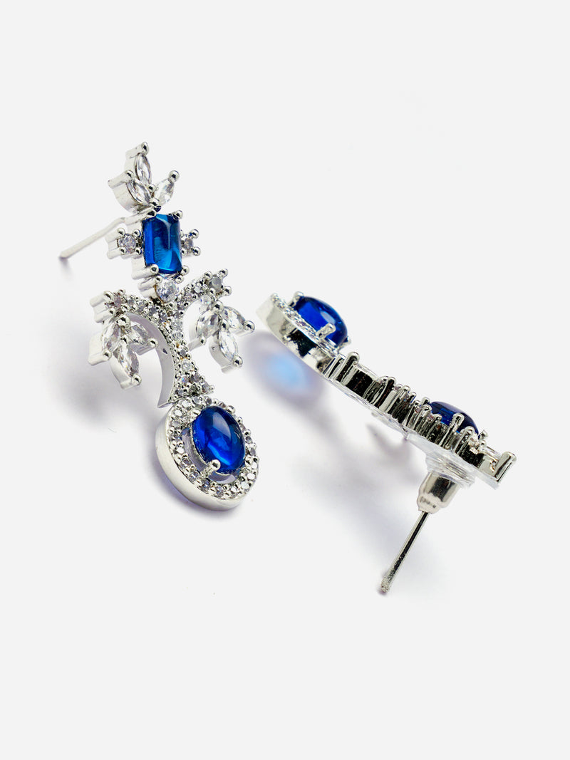 Rhodium-Plated Navy Blue American Diamond Studded Designer Necklace & Earrings Jewellery Set