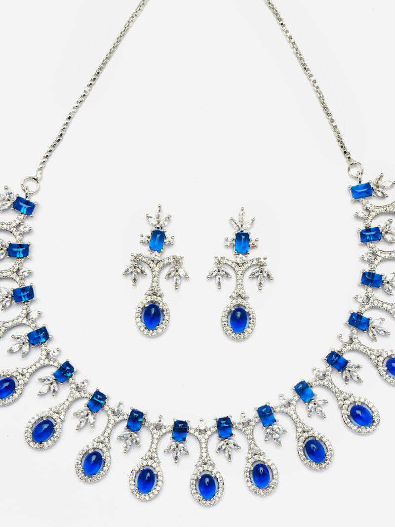 Rhodium-Plated Navy Blue American Diamond Studded Designer Necklace & Earrings Jewellery Set