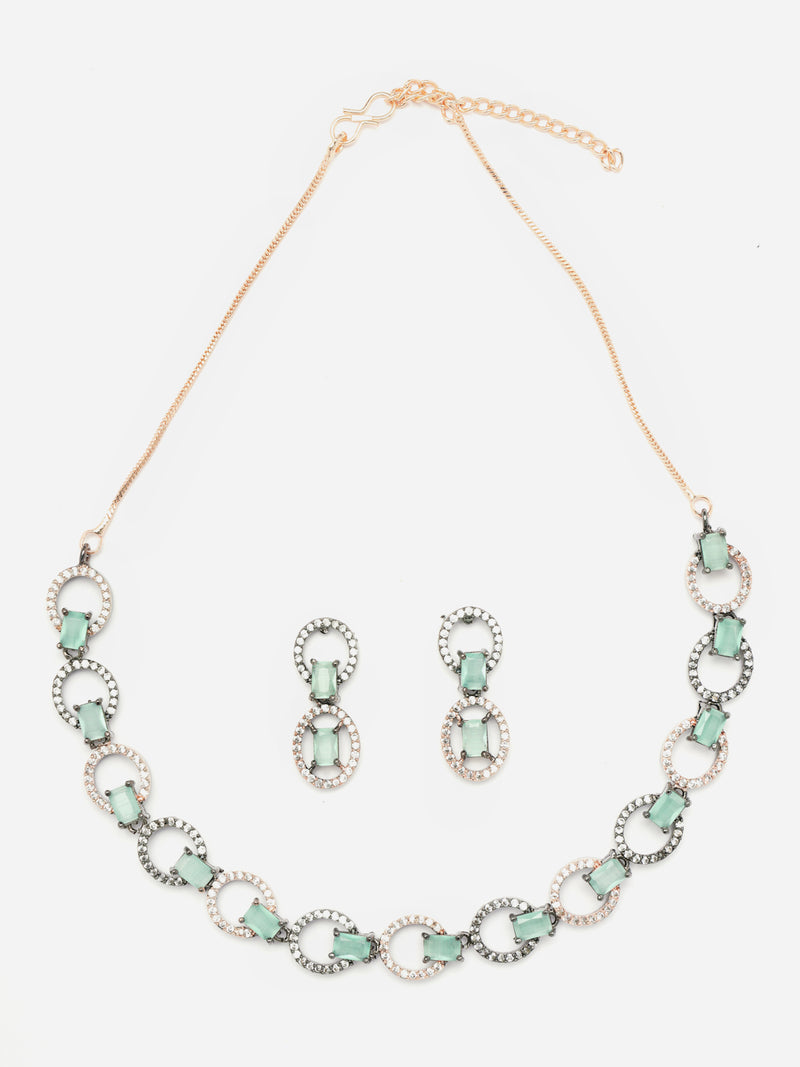 Rose Gold-Plated Gunmetal Toned Sea Green American Diamond Studded Disc-Shaped Necklace & Earrings Jewellery Set