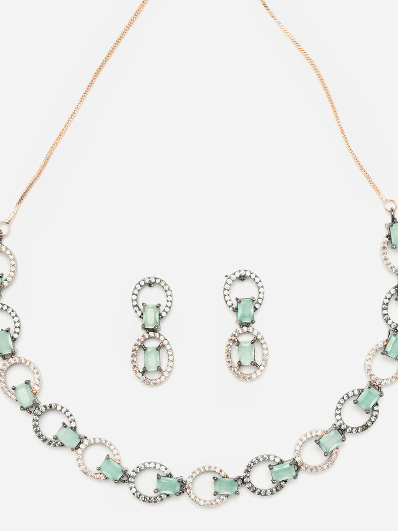 Rose Gold-Plated Gunmetal Toned Sea Green American Diamond Studded Disc-Shaped Necklace & Earrings Jewellery Set