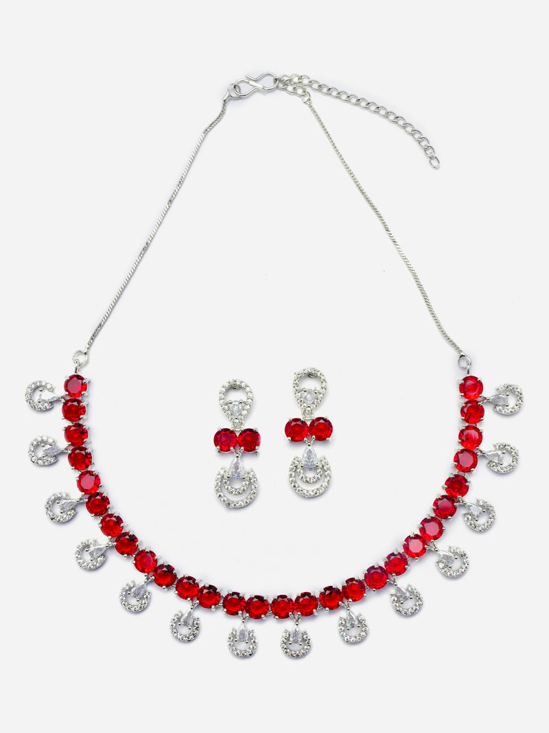 Rhodium-Plated Red American Diamonds Studded Contemporary Necklace & Earrings Jewellery Set