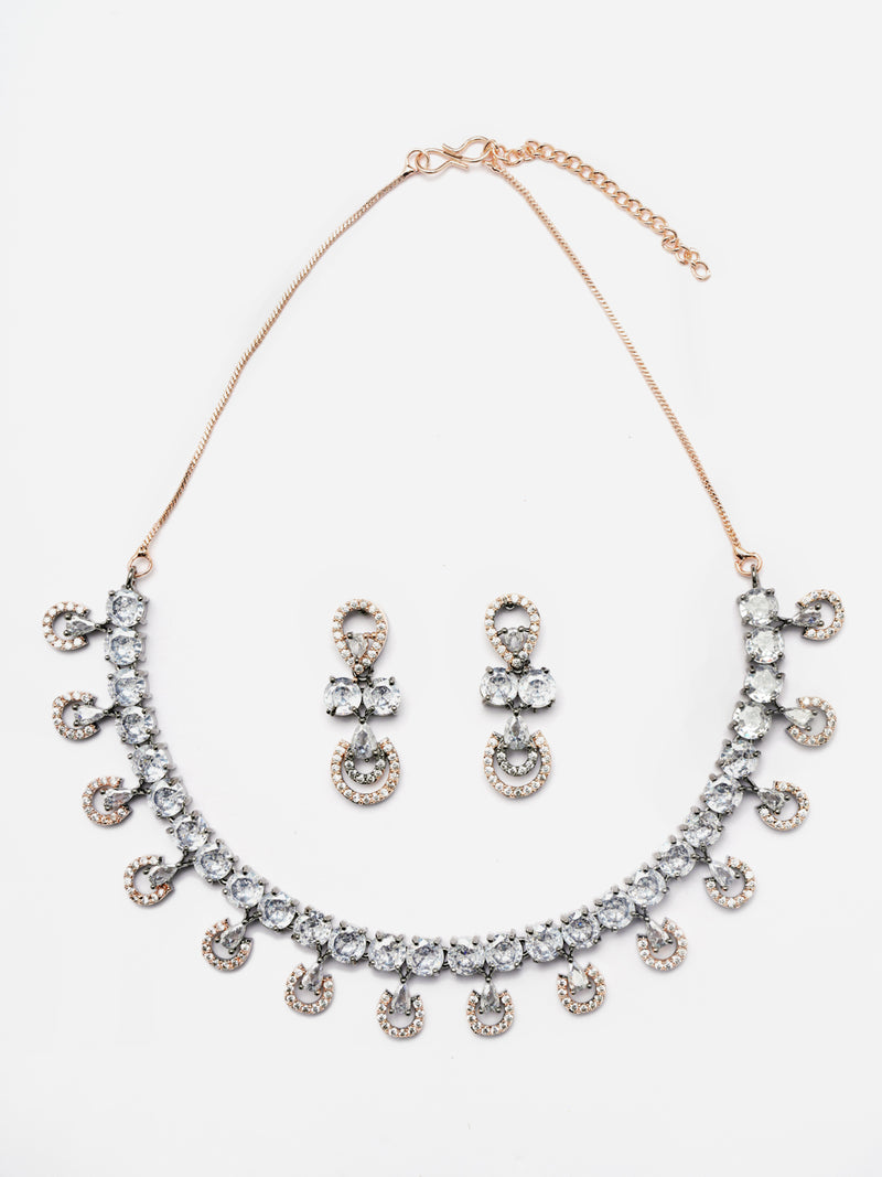 Rose Gold-Plated Gunmetal Toned White American Diamonds Studded Contemporary Necklace & Earrings Jewellery Set