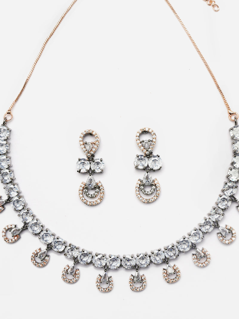 Rose Gold-Plated Gunmetal Toned White American Diamonds Studded Contemporary Necklace & Earrings Jewellery Set