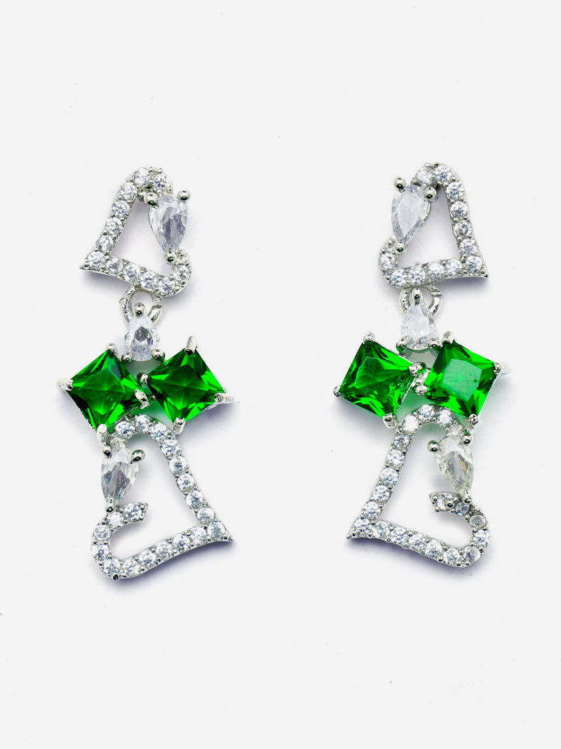 Rhodium-Plated Green American Diamonds Studded Cordate Necklace & Earrings Jewellery Set