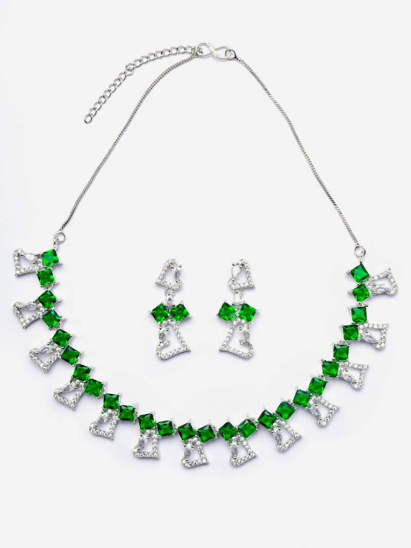 Rhodium-Plated Green American Diamonds Studded Cordate Necklace & Earrings Jewellery Set