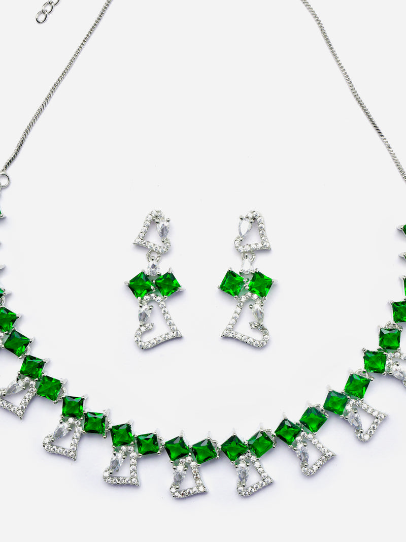 Rhodium-Plated Green American Diamonds Studded Cordate Necklace & Earrings Jewellery Set