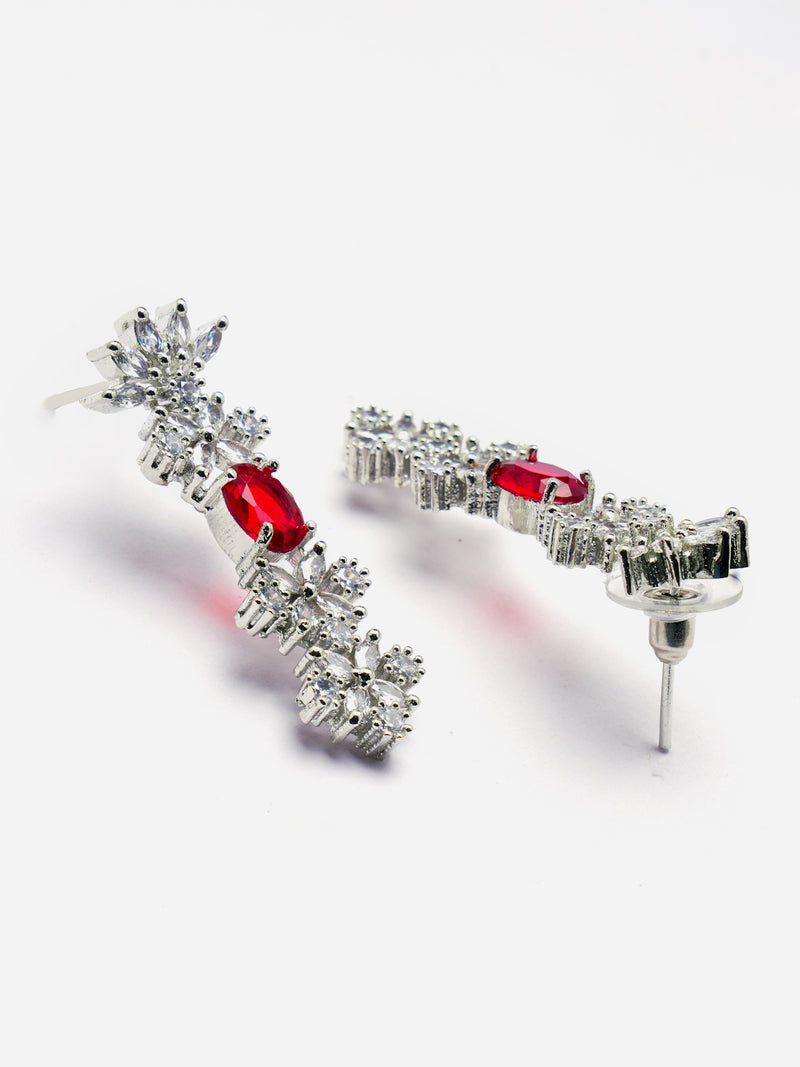 Rhodium-Plated Red American Diamonds Studded Wacky Necklace & Earrings Jewellery Set