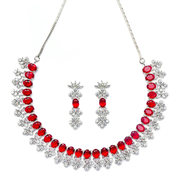 Rhodium-Plated Red American Diamonds Studded Wacky Necklace & Earrings Jewellery Set