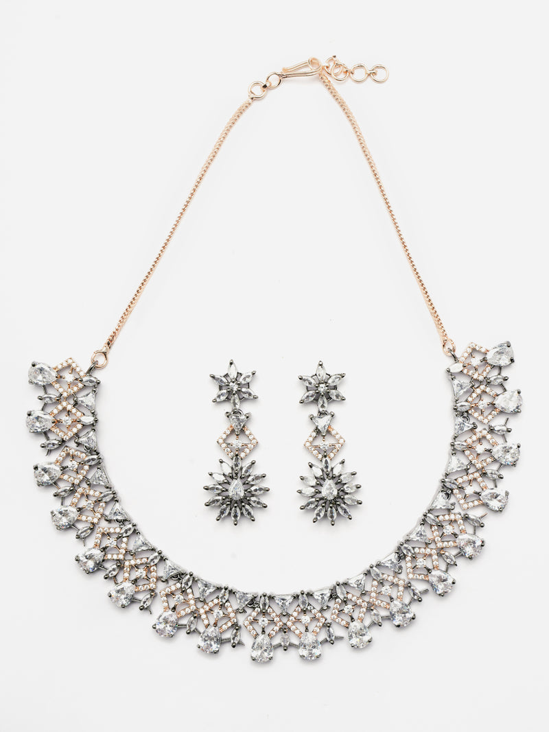 Rose Gold-Plated Gunmetal Toned White Dribble Shape American Diamonds Studded Necklace & Earrings Jewellery Set