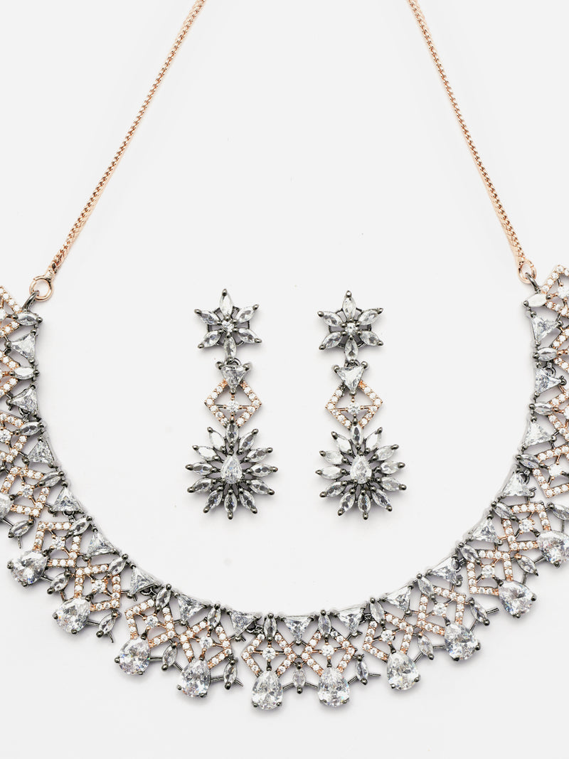 Rose Gold-Plated Gunmetal Toned White Dribble Shape American Diamonds Studded Necklace & Earrings Jewellery Set