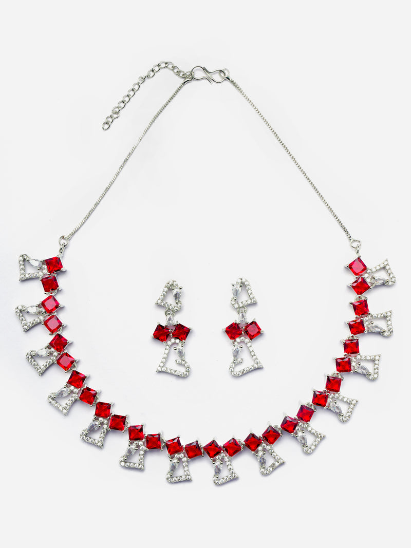 Rhodium-Plated Red American Diamonds Studded Cordate Necklace & Earrings Jewellery Set