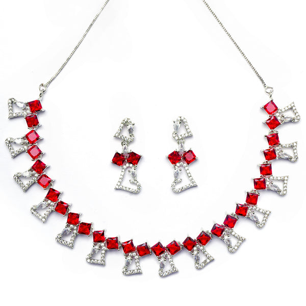 Rhodium-Plated Red American Diamonds Studded Cordate Necklace & Earrings Jewellery Set