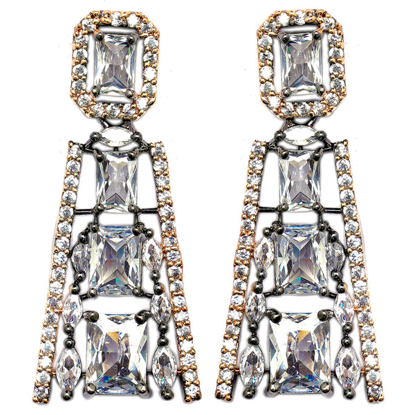 Rose Gold-Plated Gunmetal Toned White American Diamond studded Contemporary Drop Earrings