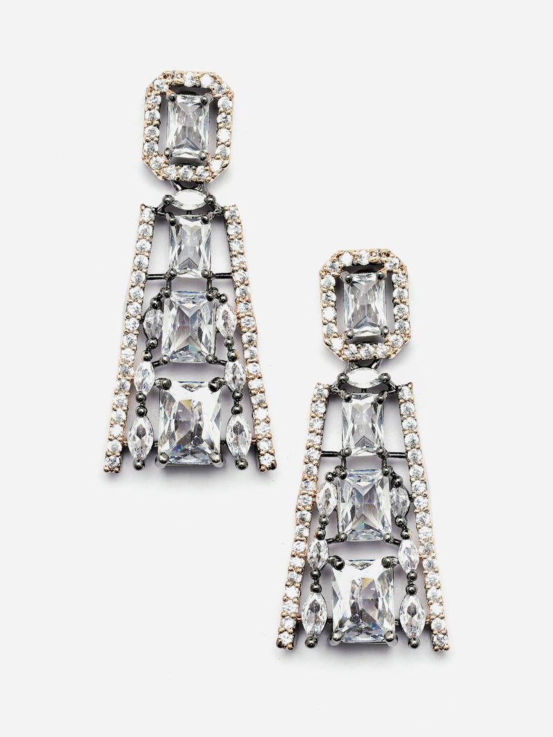 Rose Gold-Plated Gunmetal Toned White American Diamond studded Contemporary Drop Earrings