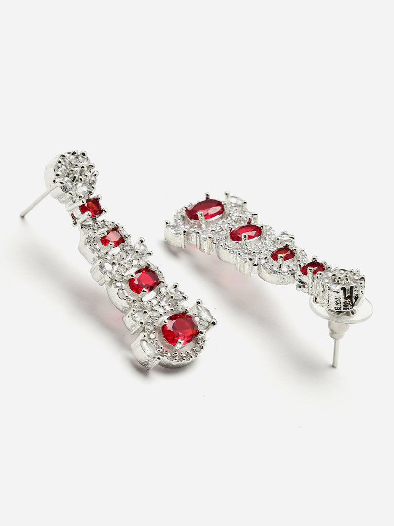 Rhodium-Plated Red American Diamond studded Quirky Shaped Drop Earrings