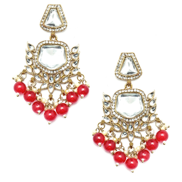 Gold-Plated Kundan & Red Pearls studded Classic Mirror Drop Earrings