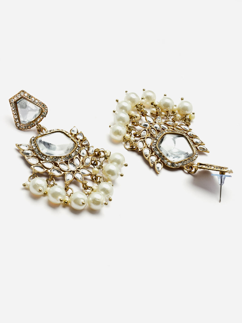 Gold-Plated Kundan & White Pearls studded Classic Mirror Drop Earrings