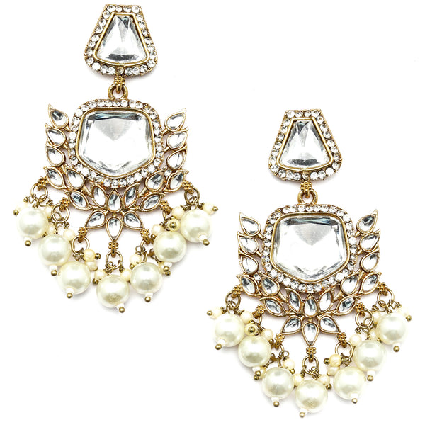 Gold-Plated Kundan & White Pearls studded Classic Mirror Drop Earrings