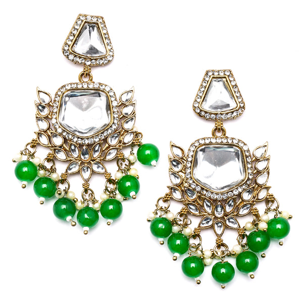 Gold-Plated Kundan & Green Pearls studded Classic Mirror Drop Earrings