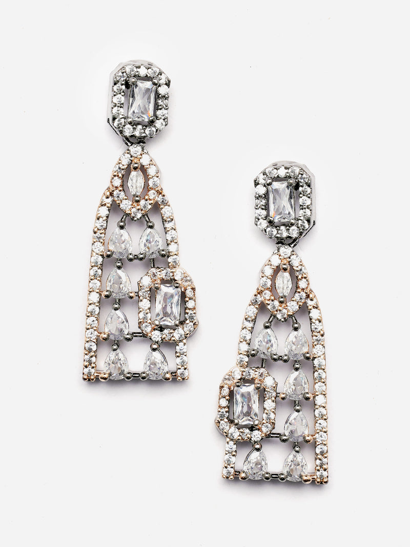 Rose Gold-Plated Gunmetal Toned White American Diamond studded Classic Drop Earrings