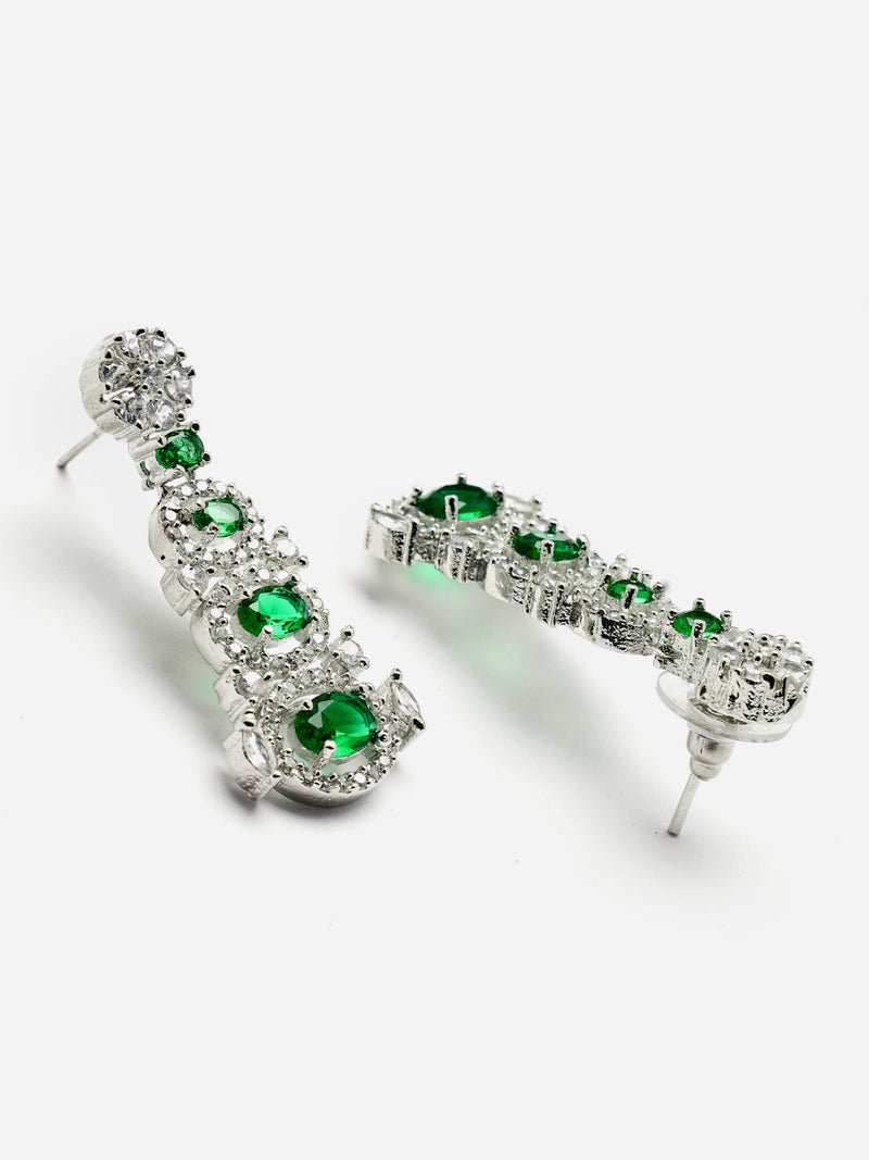 Rhodium-Plated Green American Diamond studded Quirky Shaped Drop Earrings