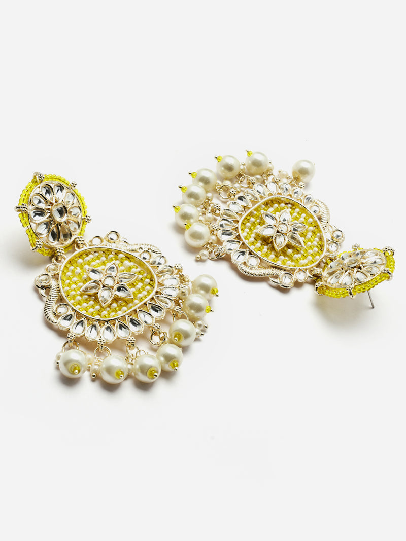 Gold-Plated Yellow Beads White Pearls & Kundan studded Handcrafted Peacock Shaped Drop Earrings