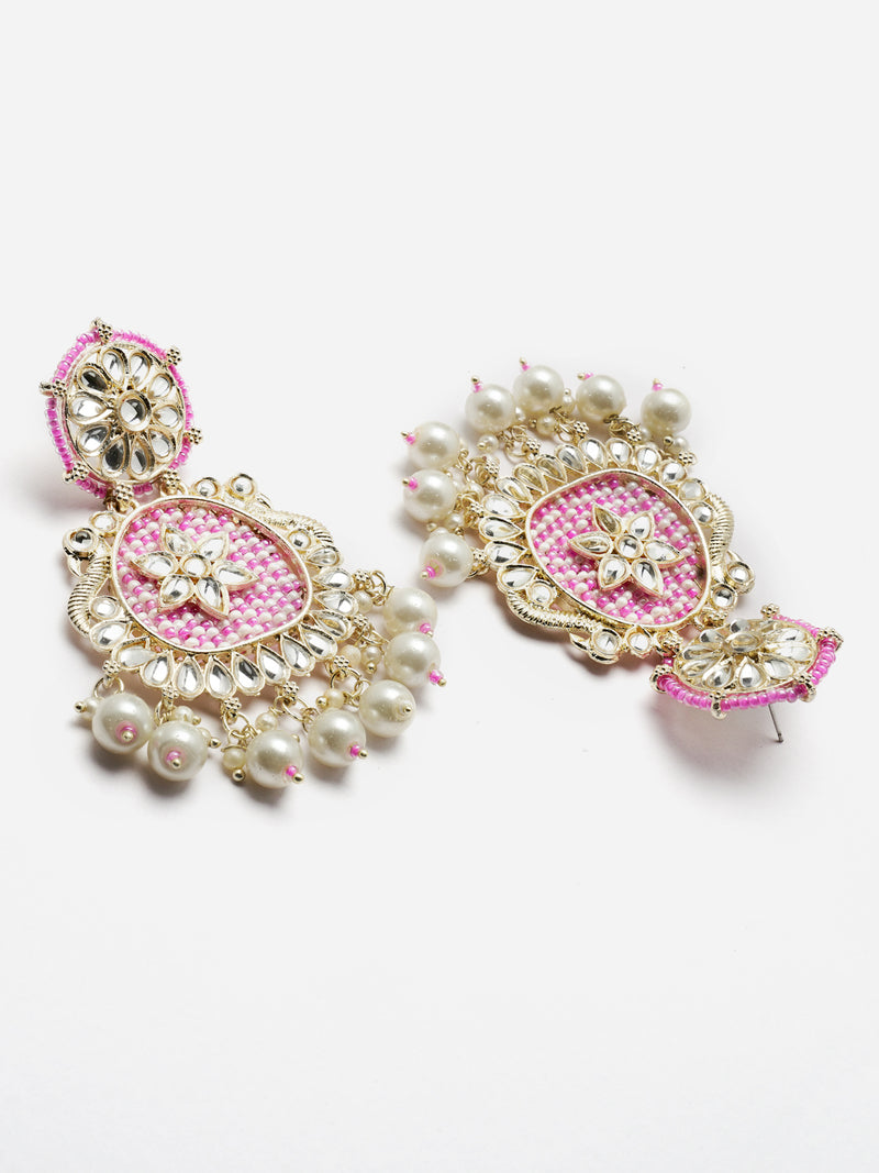 Gold-Plated Pink Beads White Pearls & Kundan studded Handcrafted Peacock Shaped Drop Earrings