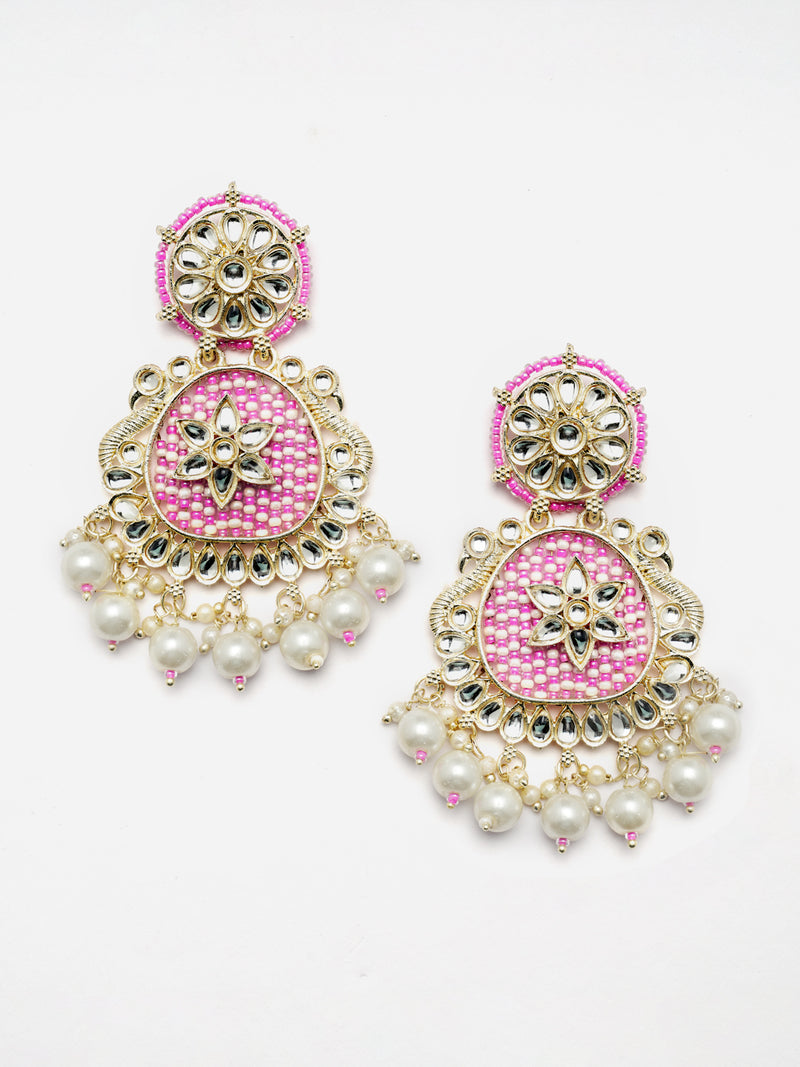 Gold-Plated Pink Beads White Pearls & Kundan studded Handcrafted Peacock Shaped Drop Earrings
