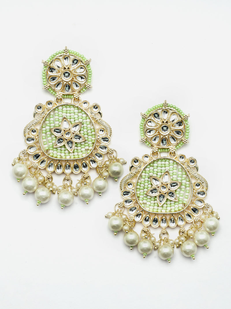 Gold-Plated Lime Green Beads White Pearls & Kundan studded Handcrafted Peacock Shaped Drop Earrings