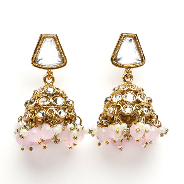 Gold-Plated Kundan & Peach Pearls studded Dome Shaped Mirror Jhumka Earrings