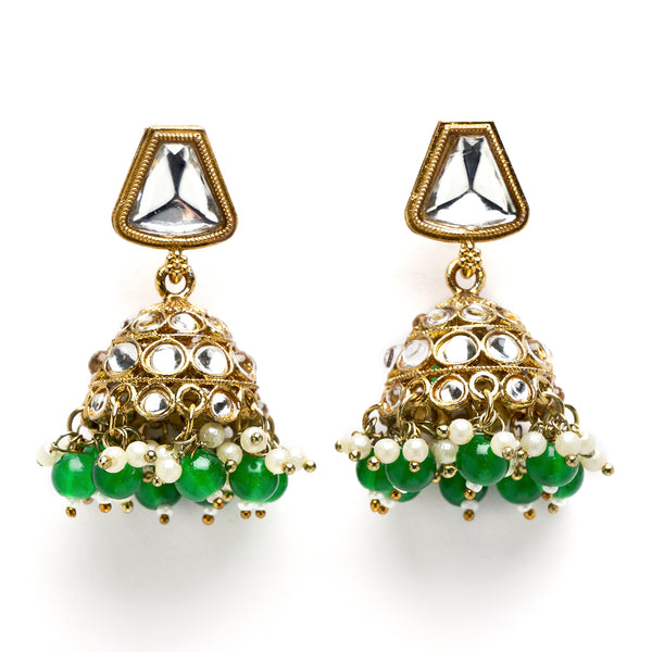 Gold-Plated Kundan & Green Pearls studded Dome Shaped Mirror Jhumka Earrings
