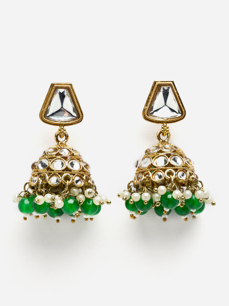 Gold-Plated Kundan & Green Pearls studded Dome Shaped Mirror Jhumka Earrings