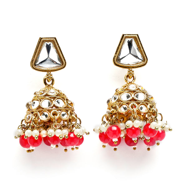 Gold-Plated Kundan & Red Pearls studded Dome Shaped Mirror Jhumka Earrings