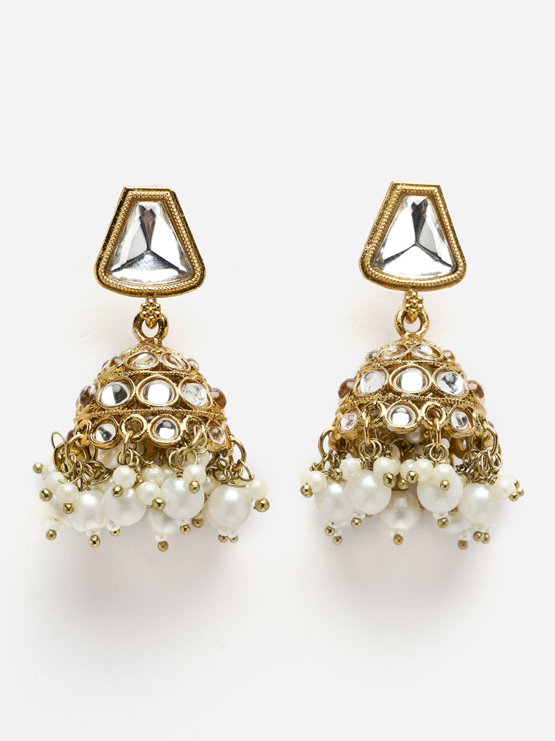 Gold-Plated Kundan & White Pearls studded Dome Shaped Mirror Jhumka Earrings