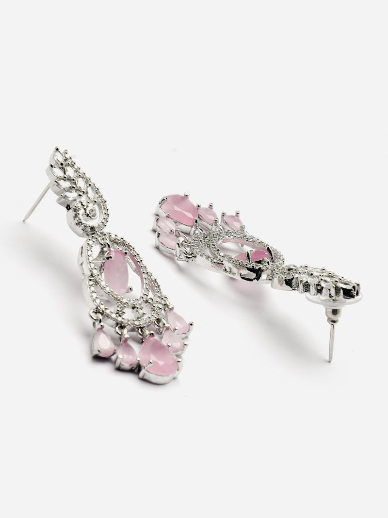 Rhodium-Plated Pink & White American Diamond studded Oval & Leaf Shaped Drop Earrings