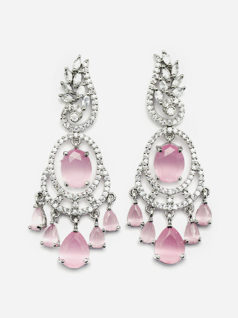 Rhodium-Plated Pink & White American Diamond studded Oval & Leaf Shaped Drop Earrings