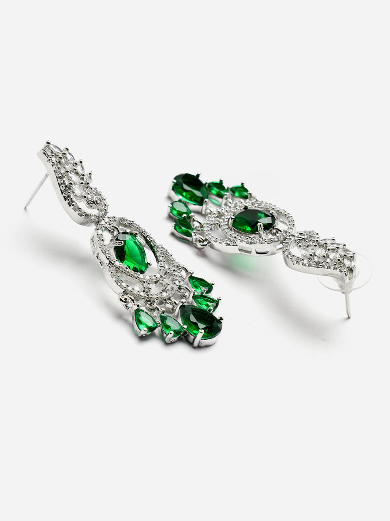 Rhodium-Plated Green & White American Diamond studded Oval & Leaf Shaped Drop Earrings