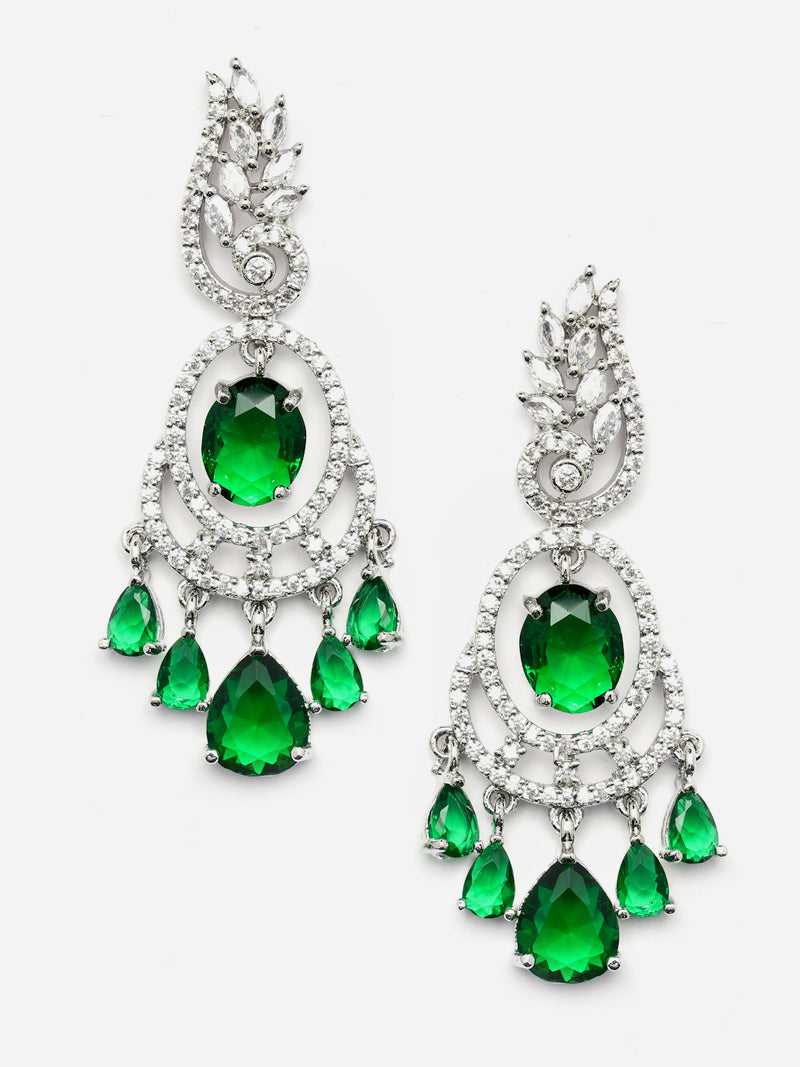 Rhodium-Plated Green & White American Diamond studded Oval & Leaf Shaped Drop Earrings