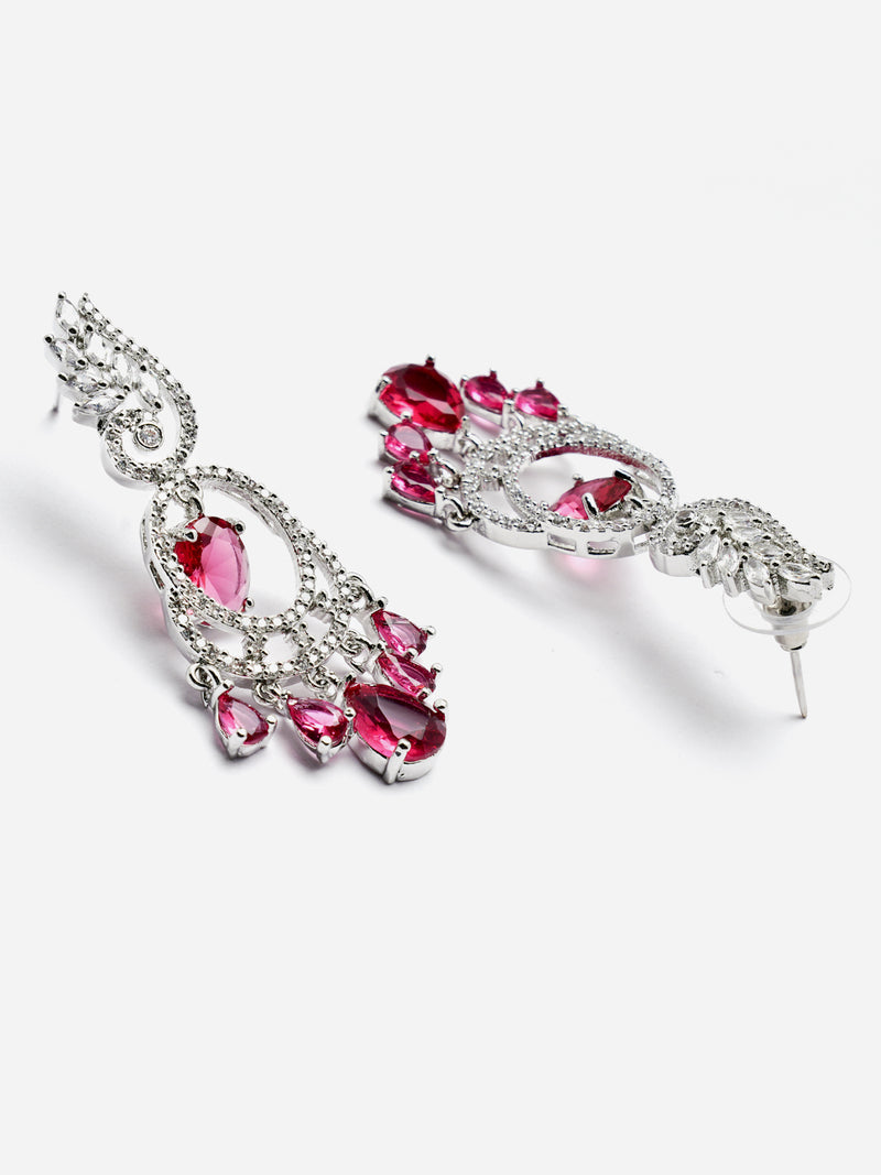 Rhodium-Plated Red & White American Diamond studded Oval & Leaf Shaped Drop Earrings