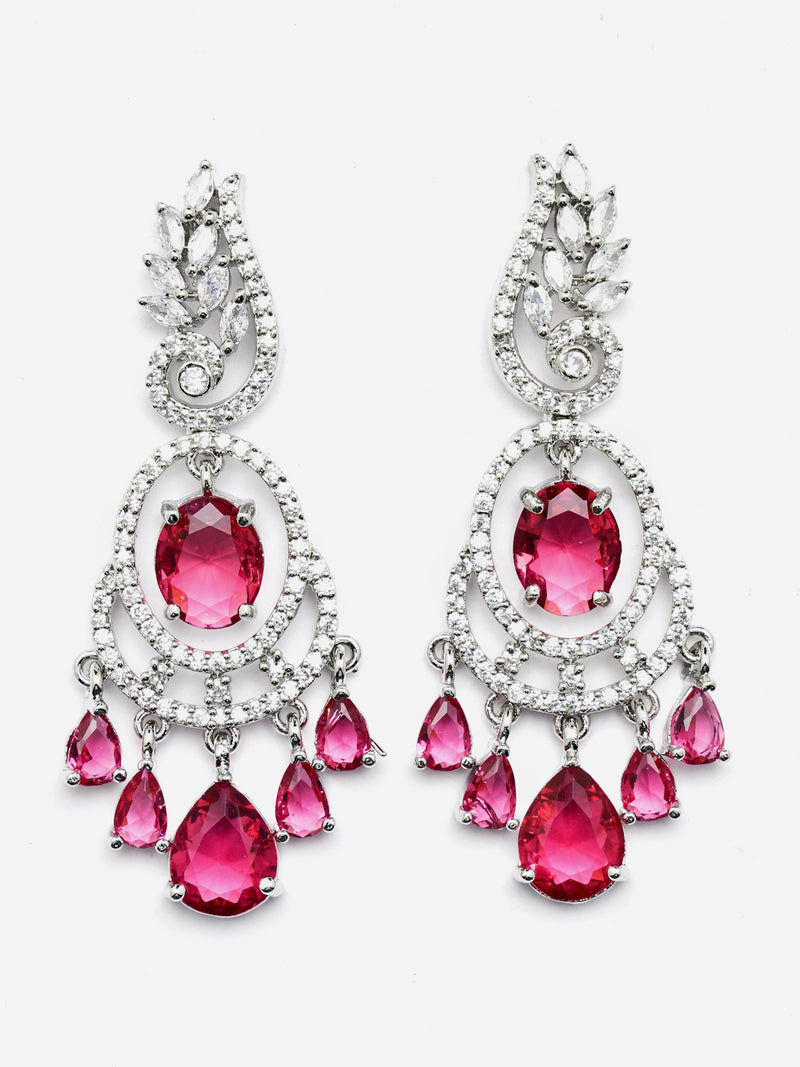 Rhodium-Plated Red & White American Diamond studded Oval & Leaf Shaped Drop Earrings