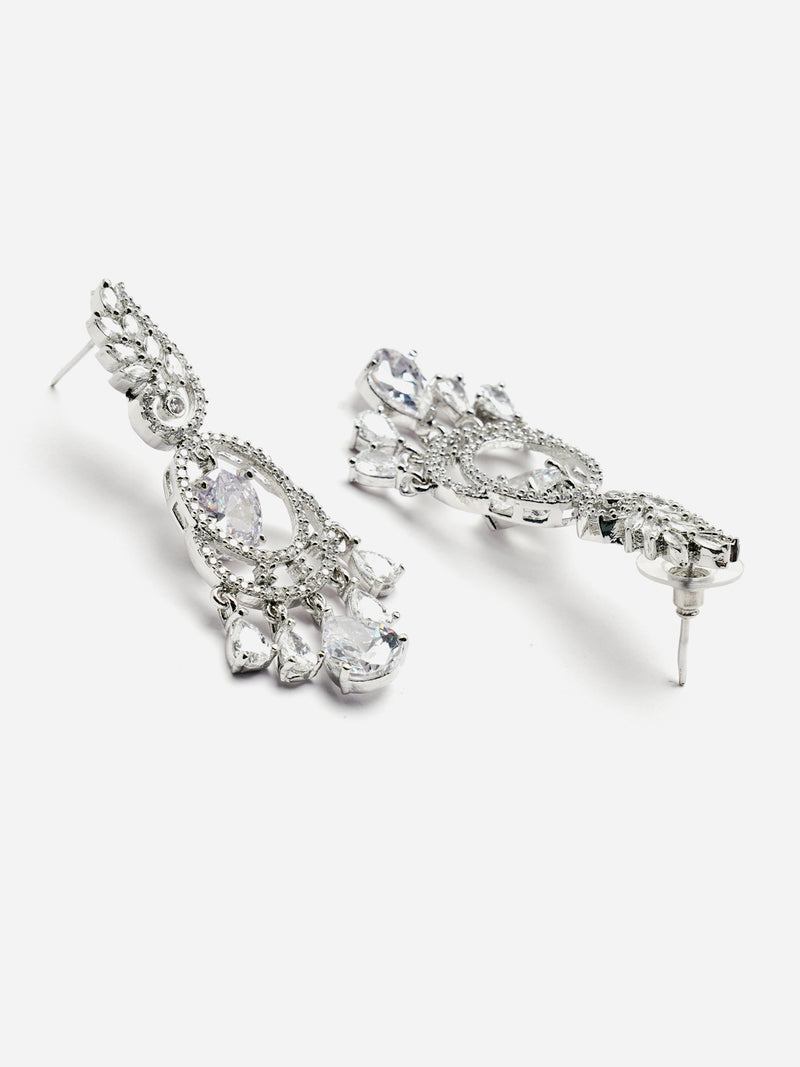 Rhodium-Plated White American Diamond studded Oval & Leaf Shaped Drop Earrings