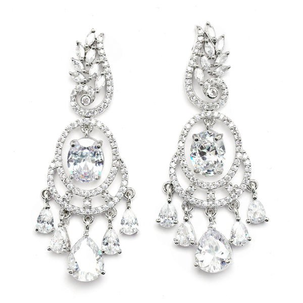 Rhodium-Plated White American Diamond studded Oval & Leaf Shaped Drop Earrings