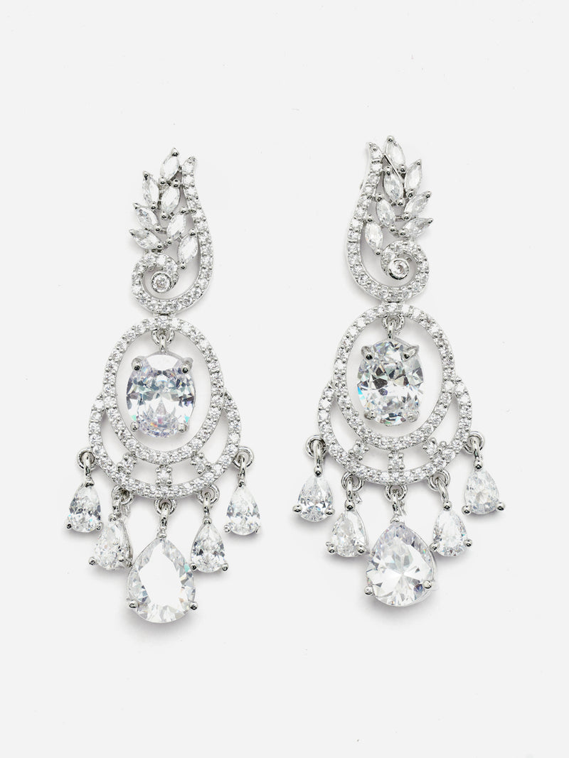 Rhodium-Plated White American Diamond studded Oval & Leaf Shaped Drop Earrings