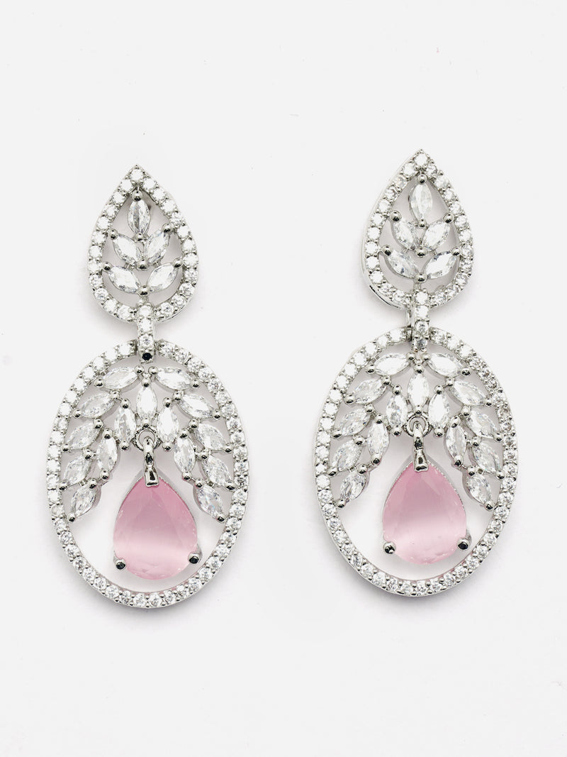 Rhodium-Plated Pink & White American Diamond studded Oval Shaped Drop Earrings