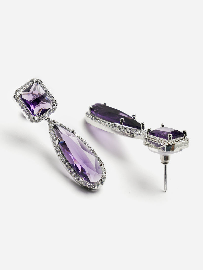 Rhodium-Plated Purple & White American Diamond studded Teardrop Shaped Drop Earrings