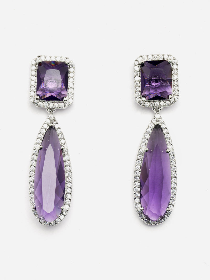 Rhodium-Plated Purple & White American Diamond studded Teardrop Shaped Drop Earrings