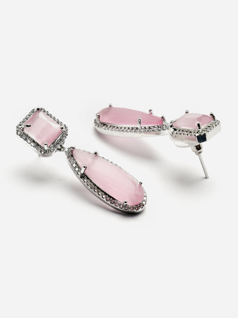 Rhodium-Plated Pink & White American Diamond studded Teardrop Shaped Drop Earrings